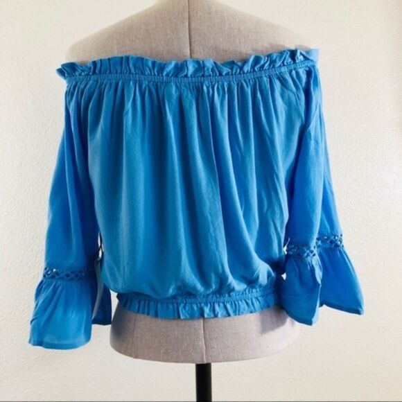 Blue Off The Shoulder Crop Top  - Picture 4 of 6